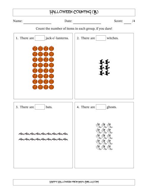 The Counting Halloween Objects in Rectangular Arrangements (Maximum Dimension 9) (B) Math Worksheet
