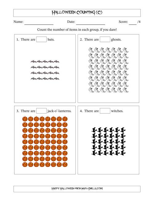The Counting Halloween Objects in Rectangular Arrangements (Maximum Dimension 9) (C) Math Worksheet