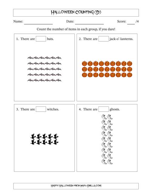The Counting Halloween Objects in Rectangular Arrangements (Maximum Dimension 9) (D) Math Worksheet