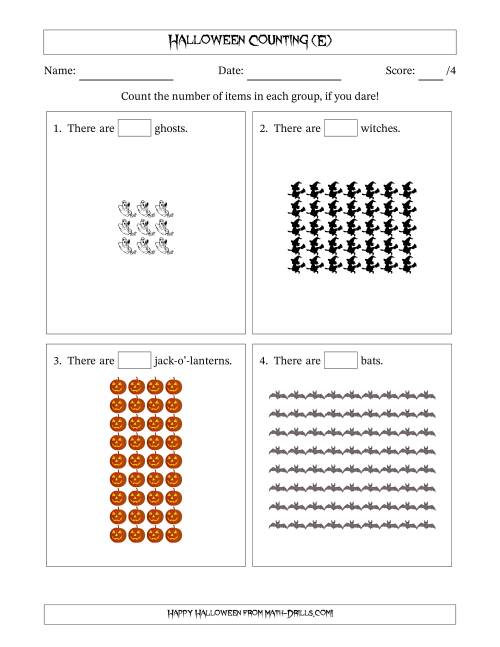 The Counting Halloween Objects in Rectangular Arrangements (Maximum Dimension 9) (E) Math Worksheet