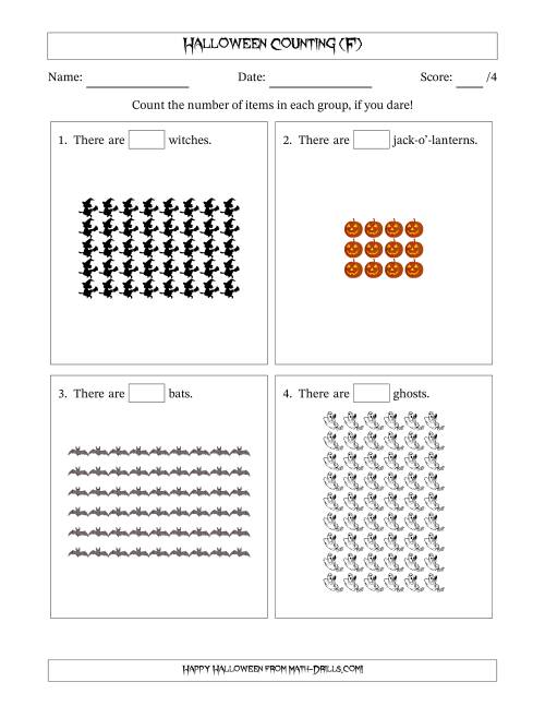 The Counting Halloween Objects in Rectangular Arrangements (Maximum Dimension 9) (F) Math Worksheet