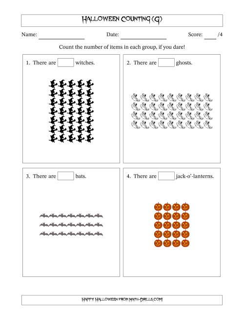 The Counting Halloween Objects in Rectangular Arrangements (Maximum Dimension 9) (G) Math Worksheet