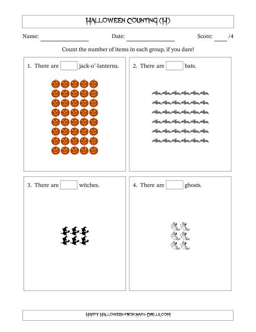 The Counting Halloween Objects in Rectangular Arrangements (Maximum Dimension 9) (H) Math Worksheet