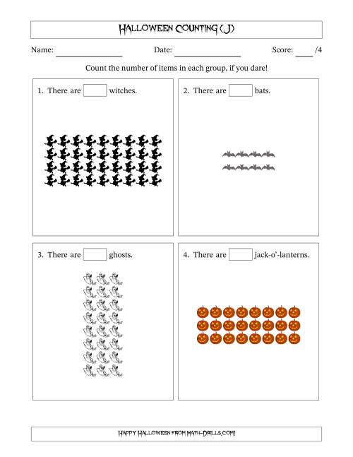 The Counting Halloween Objects in Rectangular Arrangements (Maximum Dimension 9) (J) Math Worksheet