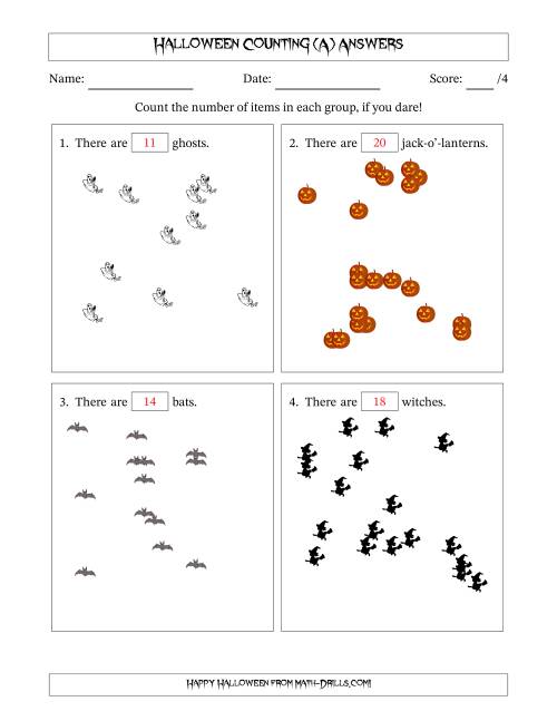 The Counting up to 20 Halloween Objects in Scattered Arrangements (A) Math Worksheet Page 2