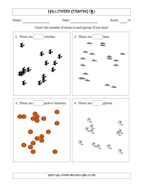 The Counting up to 20 Halloween Objects in Scattered Arrangements (B) Math Worksheet