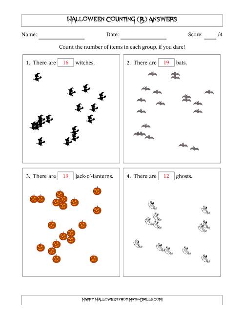 The Counting up to 20 Halloween Objects in Scattered Arrangements (B) Math Worksheet Page 2