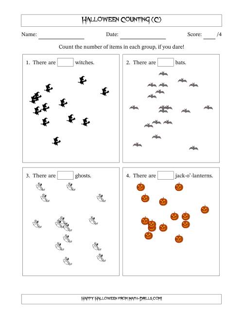 The Counting up to 20 Halloween Objects in Scattered Arrangements (C) Math Worksheet