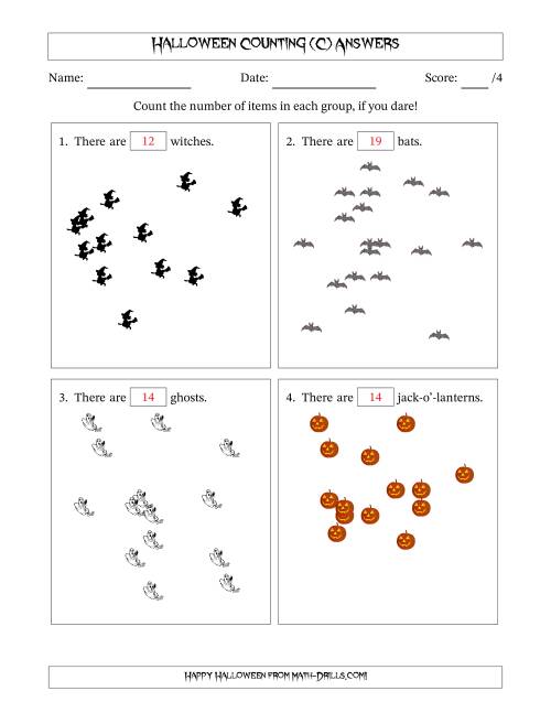 The Counting up to 20 Halloween Objects in Scattered Arrangements (C) Math Worksheet Page 2