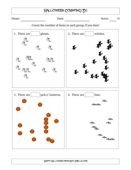 The Counting up to 20 Halloween Objects in Scattered Arrangements (D) Math Worksheet
