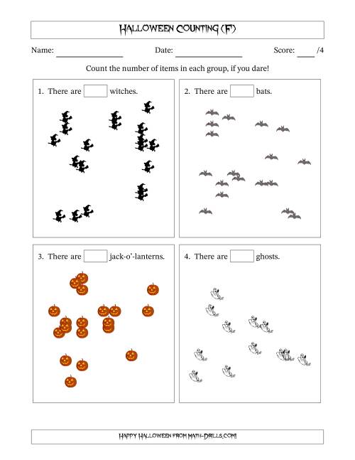 The Counting up to 20 Halloween Objects in Scattered Arrangements (F) Math Worksheet
