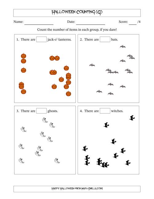 The Counting up to 20 Halloween Objects in Scattered Arrangements (G) Math Worksheet