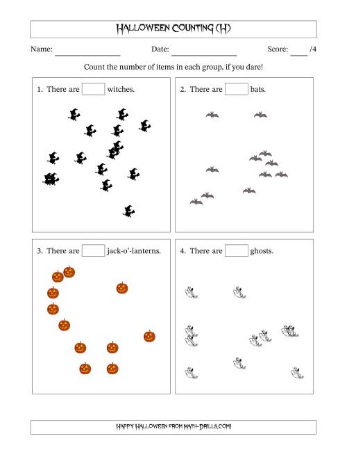 The Counting up to 20 Halloween Objects in Scattered Arrangements (H) Math Worksheet
