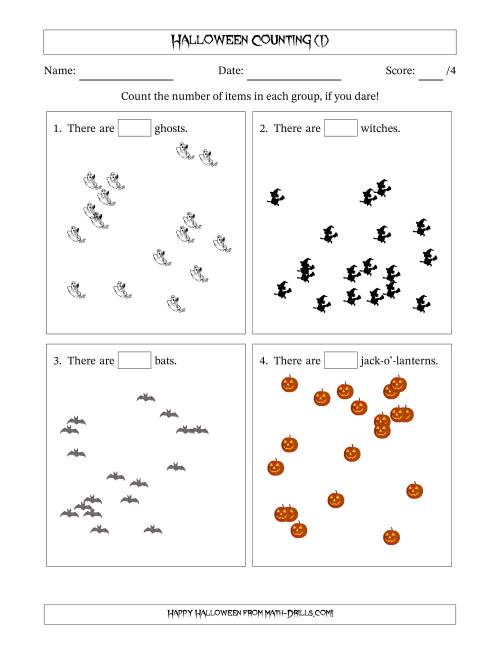 The Counting up to 20 Halloween Objects in Scattered Arrangements (I) Math Worksheet