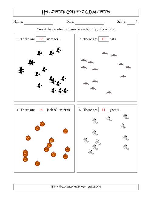 The Counting up to 20 Halloween Objects in Scattered Arrangements (J) Math Worksheet Page 2