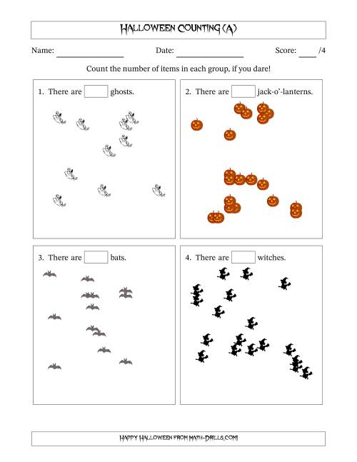 The Counting up to 20 Halloween Objects in Scattered Arrangements (All) Math Worksheet