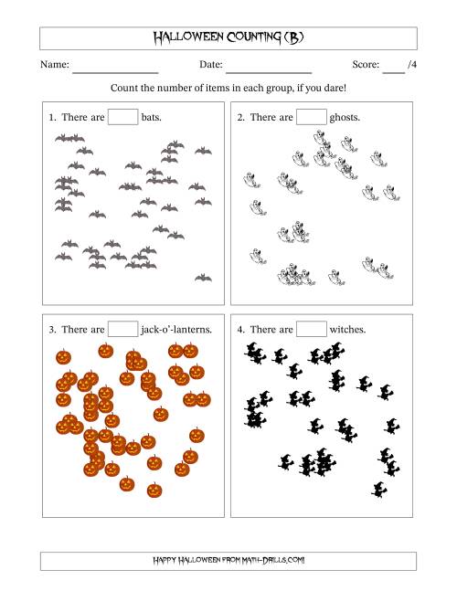 The Counting up to 50 Halloween Objects in Scattered Arrangements (B) Math Worksheet