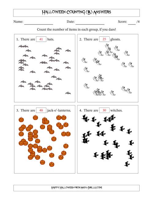The Counting up to 50 Halloween Objects in Scattered Arrangements (B) Math Worksheet Page 2