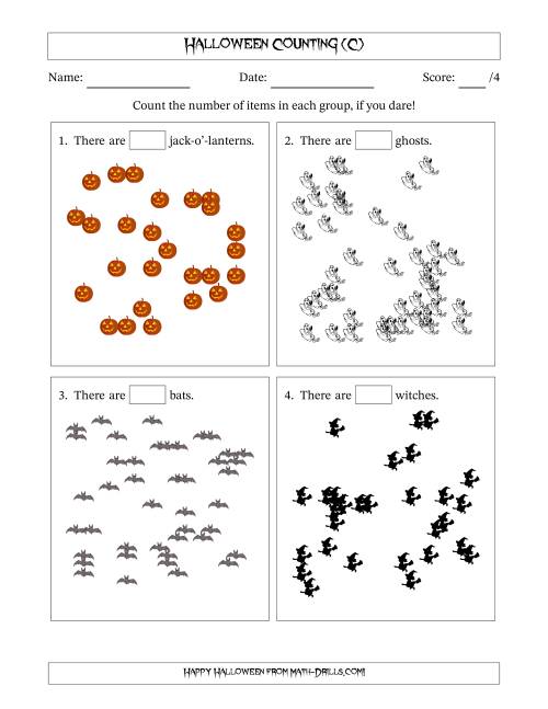 The Counting up to 50 Halloween Objects in Scattered Arrangements (C) Math Worksheet