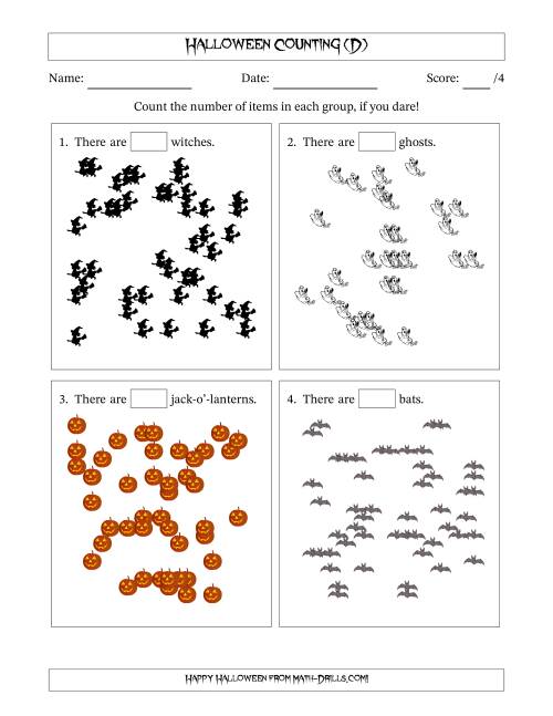 The Counting up to 50 Halloween Objects in Scattered Arrangements (D) Math Worksheet