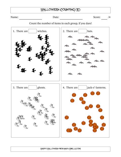 The Counting up to 50 Halloween Objects in Scattered Arrangements (E) Math Worksheet