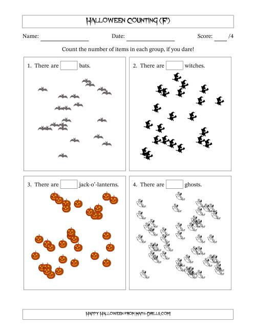 The Counting up to 50 Halloween Objects in Scattered Arrangements (F) Math Worksheet