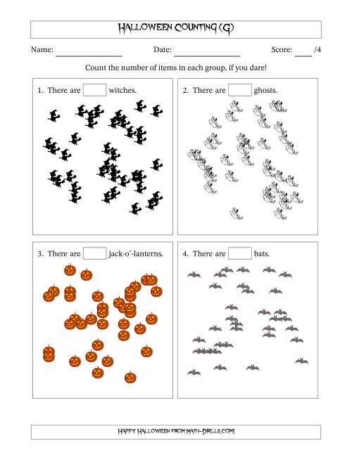 The Counting up to 50 Halloween Objects in Scattered Arrangements (G) Math Worksheet