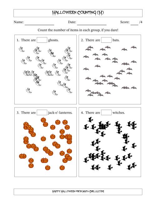 The Counting up to 50 Halloween Objects in Scattered Arrangements (H) Math Worksheet