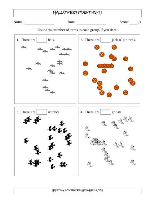 The Counting up to 50 Halloween Objects in Scattered Arrangements (I) Math Worksheet