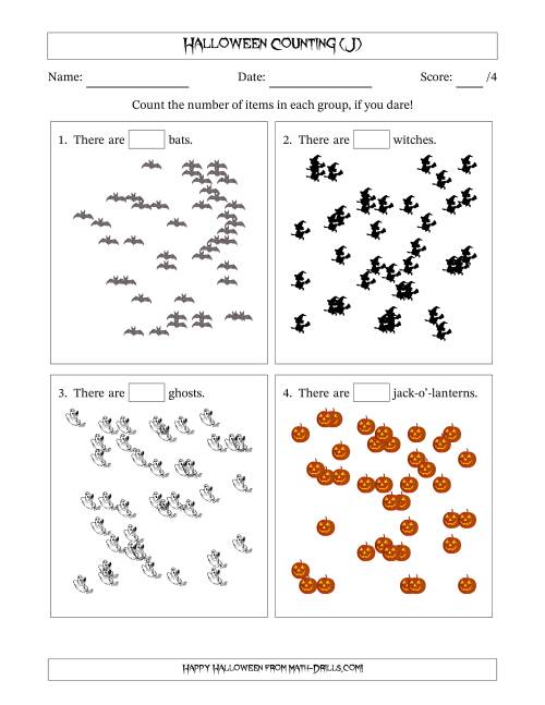 The Counting up to 50 Halloween Objects in Scattered Arrangements (J) Math Worksheet