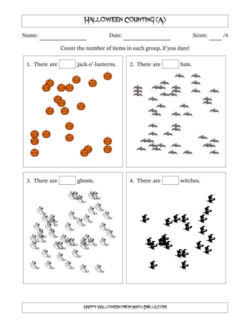 The Counting up to 50 Halloween Objects in Scattered Arrangements (All) Math Worksheet