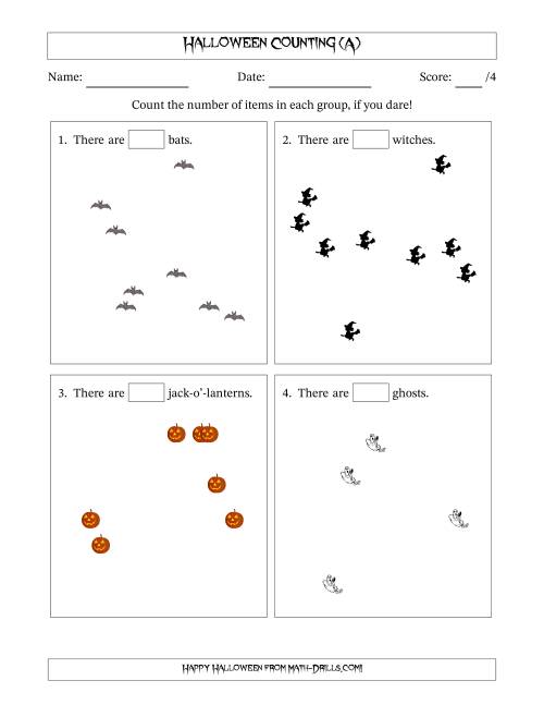 The Counting up to 10 Halloween Objects in Scattered Arrangements (A) Math Worksheet
