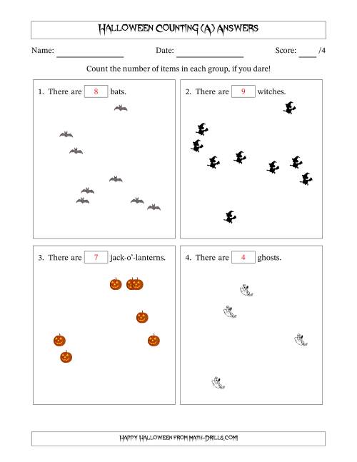 The Counting up to 10 Halloween Objects in Scattered Arrangements (A) Math Worksheet Page 2