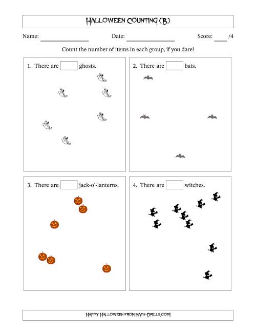 The Counting up to 10 Halloween Objects in Scattered Arrangements (B) Math Worksheet
