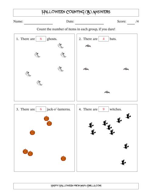 The Counting up to 10 Halloween Objects in Scattered Arrangements (B) Math Worksheet Page 2