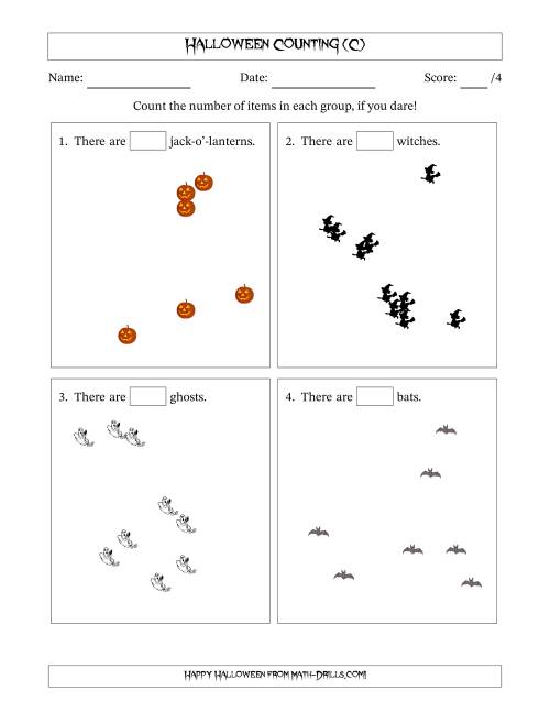 The Counting up to 10 Halloween Objects in Scattered Arrangements (C) Math Worksheet