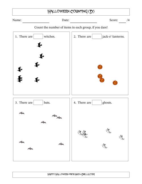 The Counting up to 10 Halloween Objects in Scattered Arrangements (D) Math Worksheet