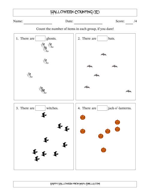The Counting up to 10 Halloween Objects in Scattered Arrangements (E) Math Worksheet