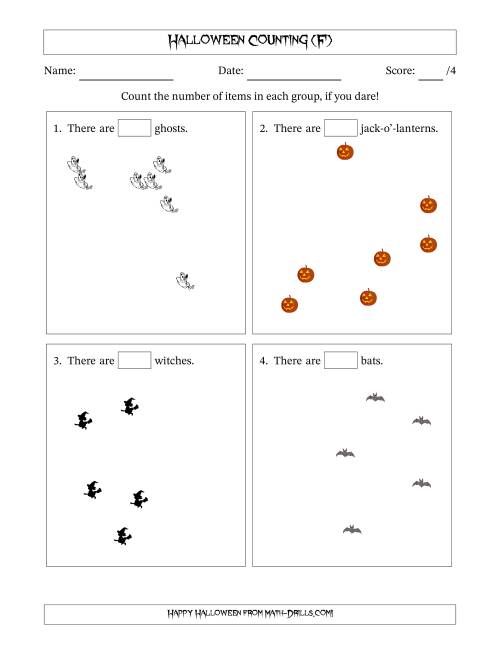 The Counting up to 10 Halloween Objects in Scattered Arrangements (F) Math Worksheet