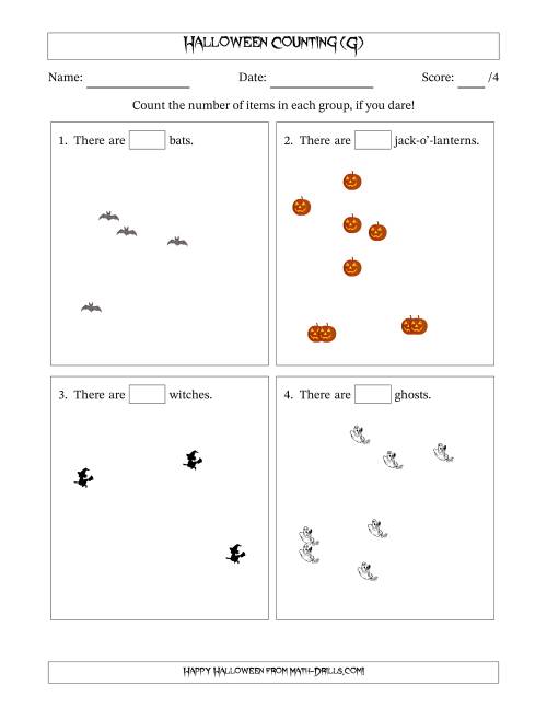 The Counting up to 10 Halloween Objects in Scattered Arrangements (G) Math Worksheet