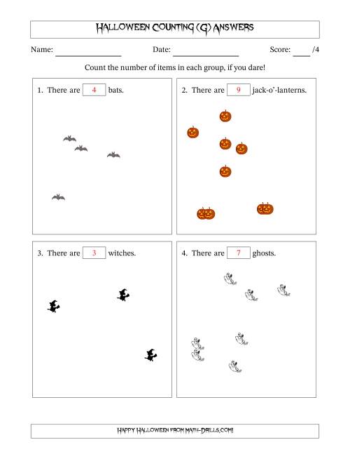 The Counting up to 10 Halloween Objects in Scattered Arrangements (G) Math Worksheet Page 2