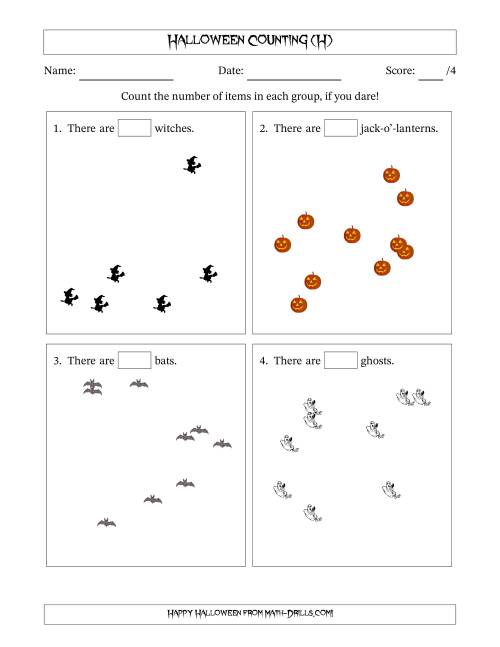 The Counting up to 10 Halloween Objects in Scattered Arrangements (H) Math Worksheet