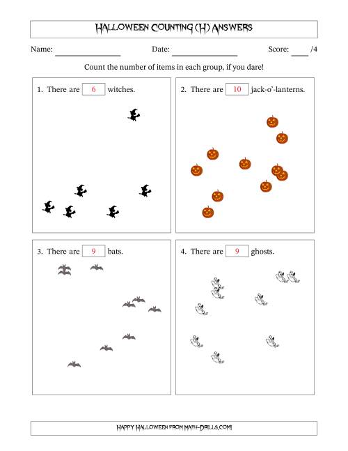 The Counting up to 10 Halloween Objects in Scattered Arrangements (H) Math Worksheet Page 2