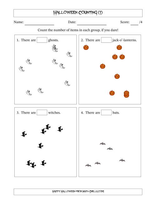 The Counting up to 10 Halloween Objects in Scattered Arrangements (I) Math Worksheet