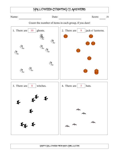 The Counting up to 10 Halloween Objects in Scattered Arrangements (I) Math Worksheet Page 2