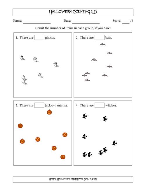 The Counting up to 10 Halloween Objects in Scattered Arrangements (J) Math Worksheet