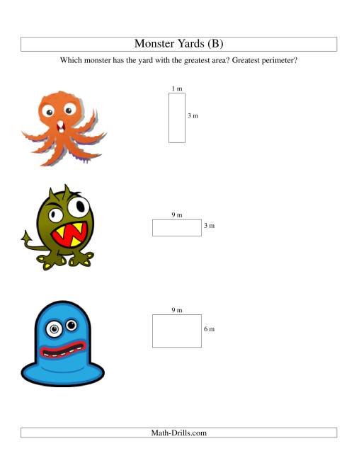 The Area and Perimeter of Monsters' Yards (B) Math Worksheet