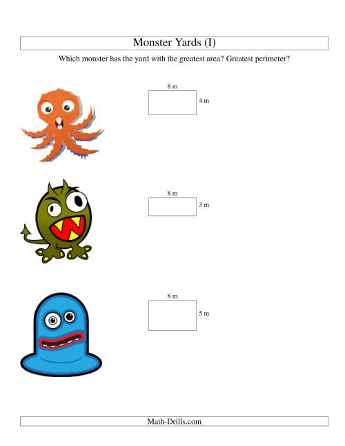 The Area and Perimeter of Monsters' Yards (I) Math Worksheet