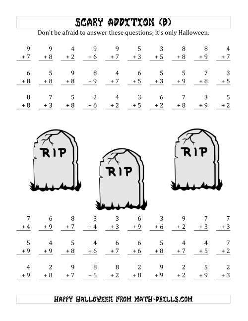 The Scary Addition with Single-Digit Numbers (B) Math Worksheet