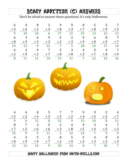 The Scary Addition with Single-Digit Numbers (C) Math Worksheet Page 2